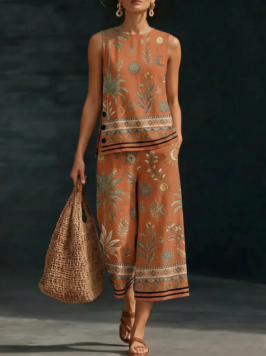 Women's Bohemian Sun Moon Palm Printed Sleeveless Set