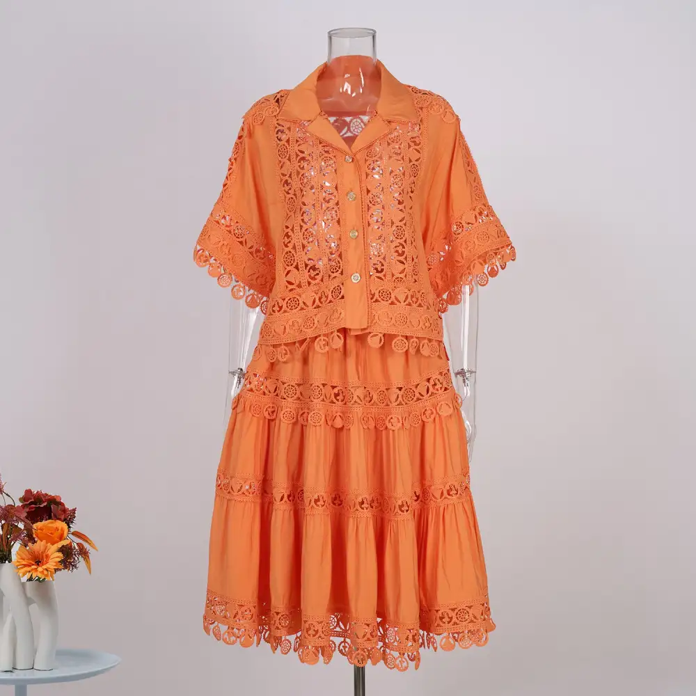 Comfort French Court Lace Hollow Out Crochet Short Top High Waist Lace Trim Matching Set