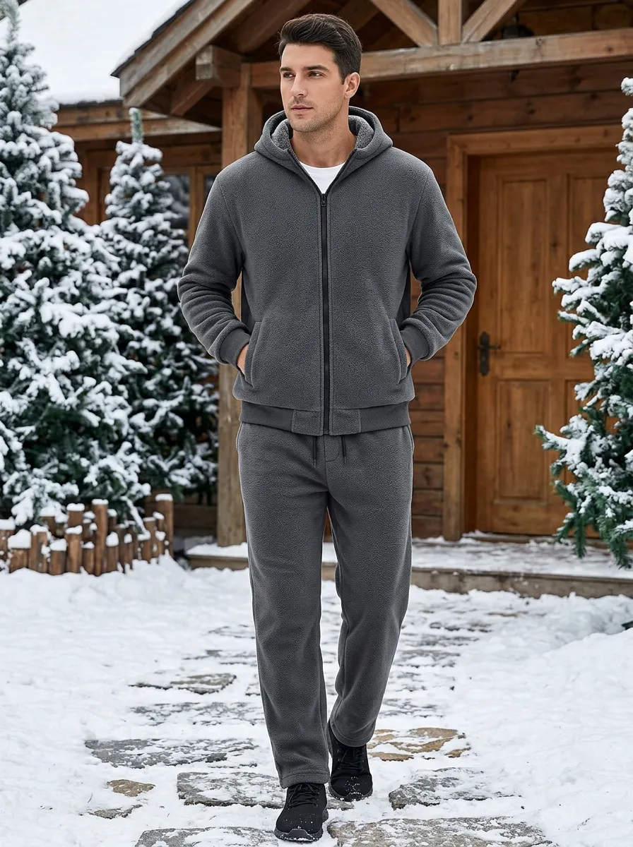 Men's Winter Fleece-Lined Zip-Up Hoodie and Pants Set with Welt Pockets