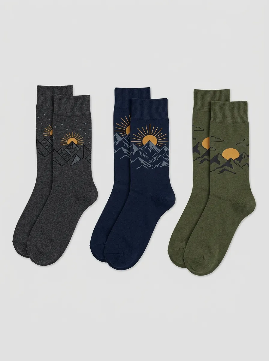 Men's 3-Pair Mountain-Sun Ribbed Crew Sock Set
