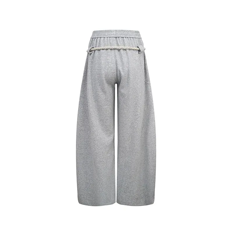 Grey Rope-Detail Curved Cotton Pants
