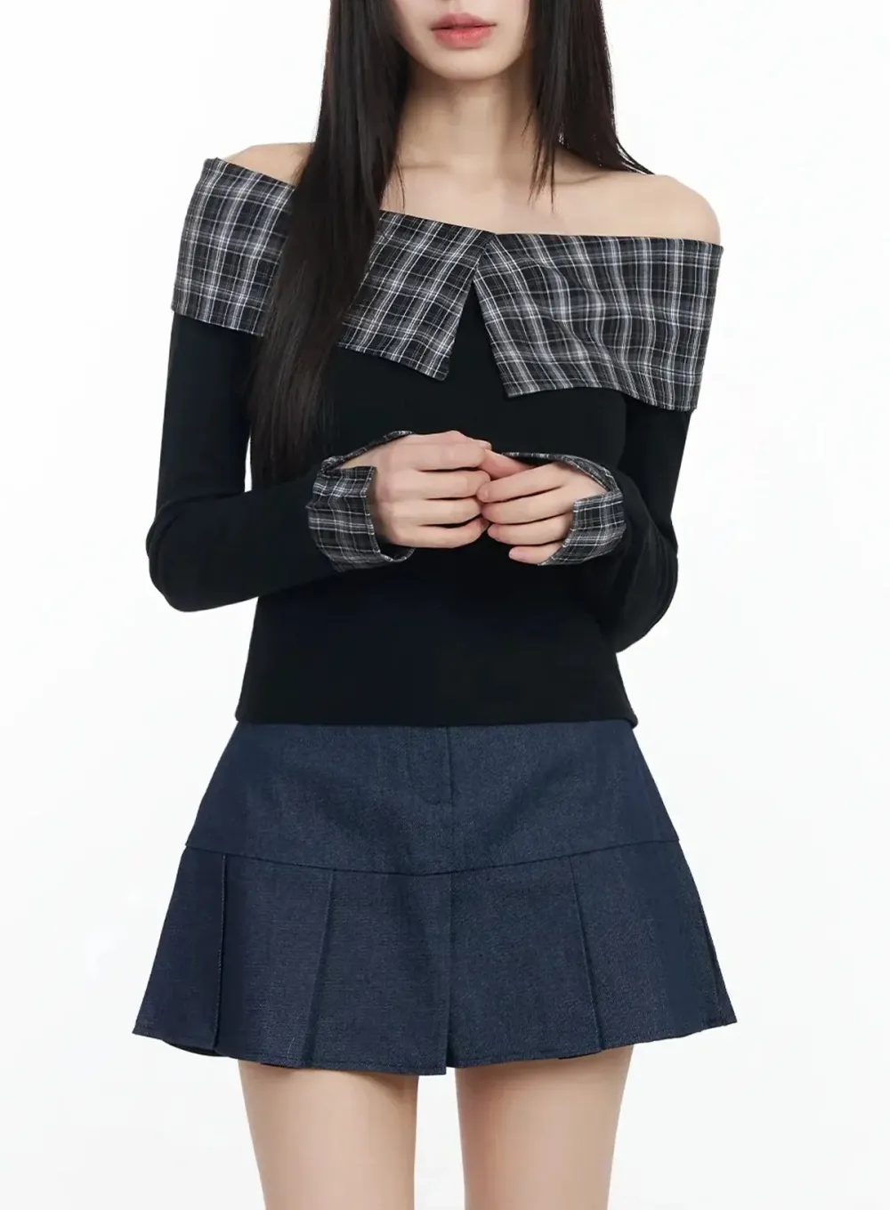Plaid Off-Shoulder Long Sleeve Top