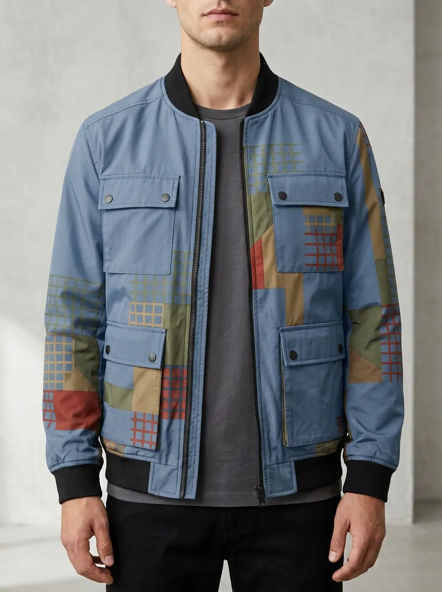 Patchwork Print Ribbed Trim Panel Detail Bomber Jacket