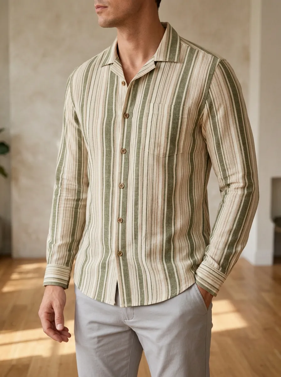 Men's Casual Green Striped Slim Fit Long Sleeve Button Down Shirt