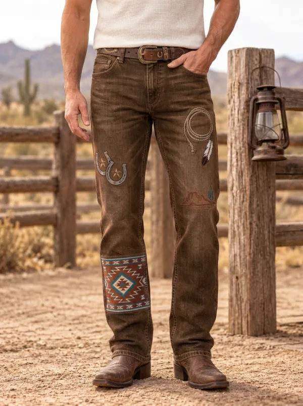 Men's Western Cowboy Horseshoe Horse Lasso Southwestern Jeans