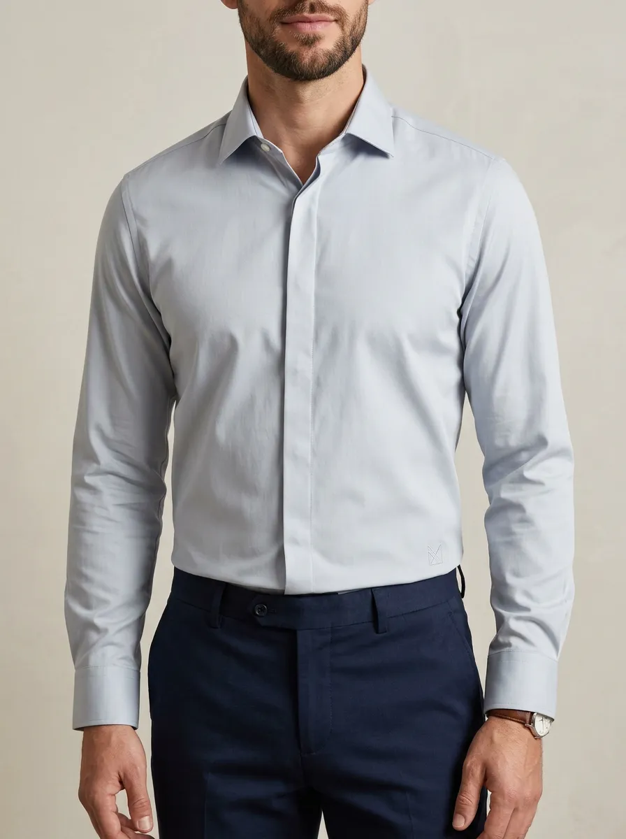 Men's Business Casual Non-Iron Cotton Light Blue Long Sleeve Shirt