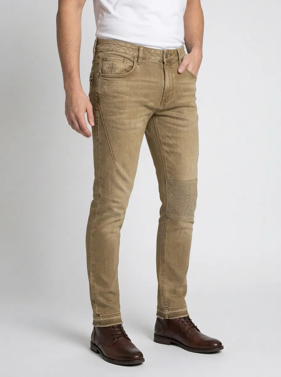 Men's Compass Embroidered Herringbone Patch Printed Slim-Fit Jeans
