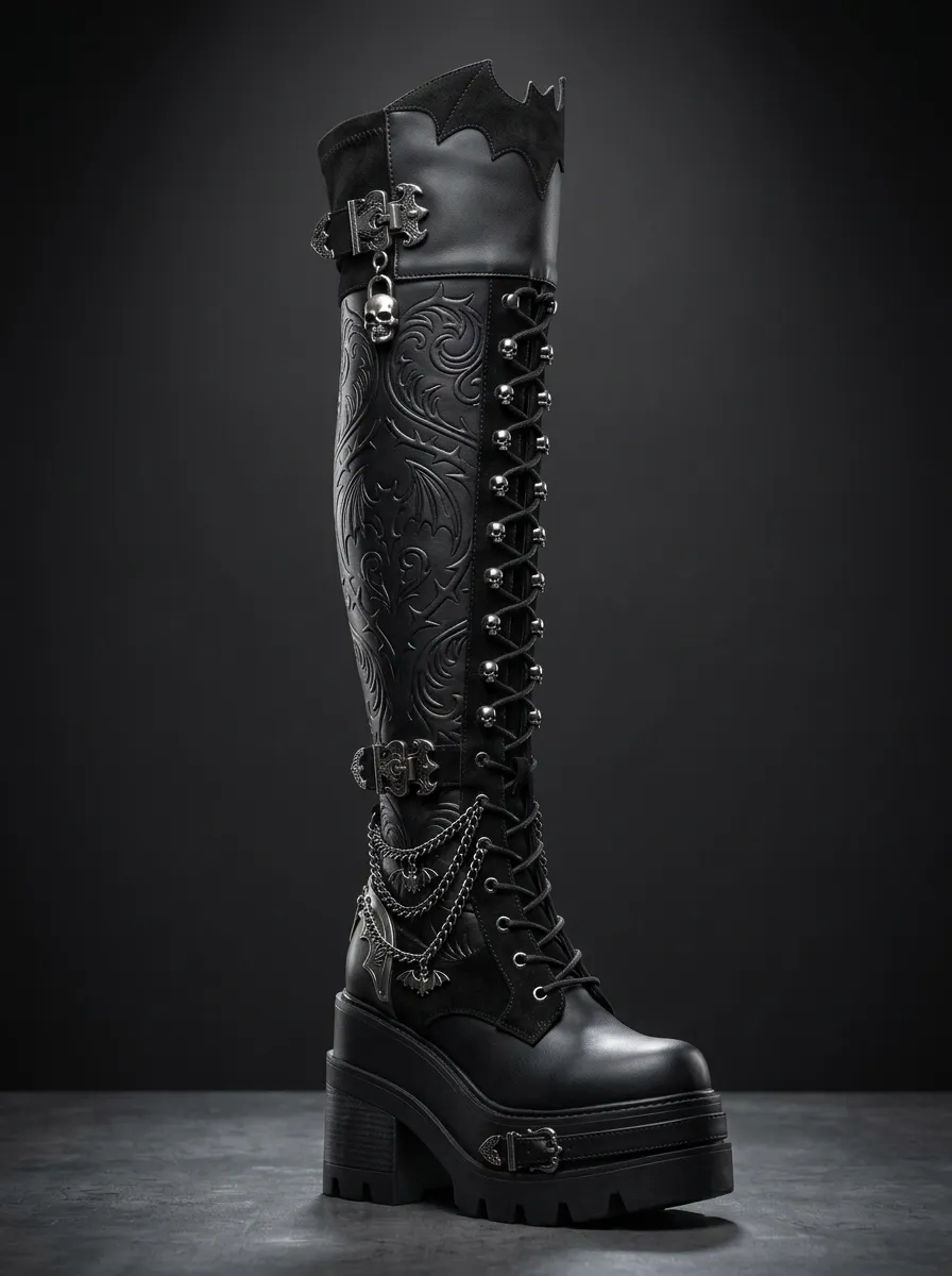 Gothic Revival Skull Bat Chain Edit Women's Gothic Platform Boots