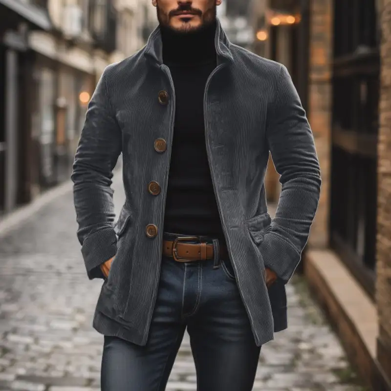 Textured Button Band Collar Coat