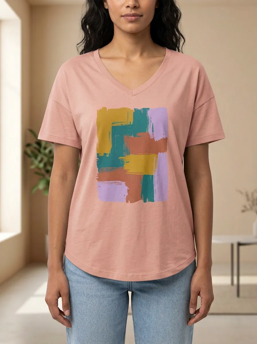 Women's Abstract Art Colorful Brushstroke Printed V-Neck T-Shirt Modern Pattern