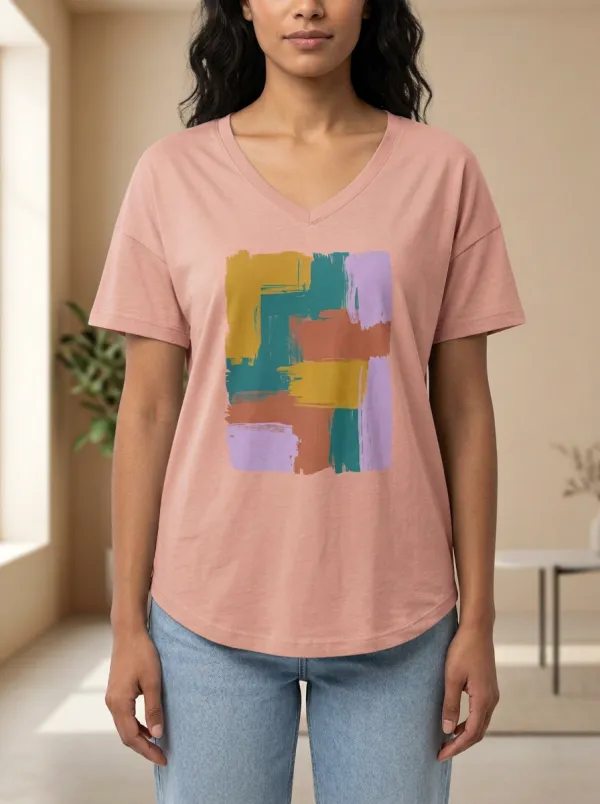 Women's Abstract Art Colorful Brushstroke Printed V-Neck T-Shirt Modern Pattern
