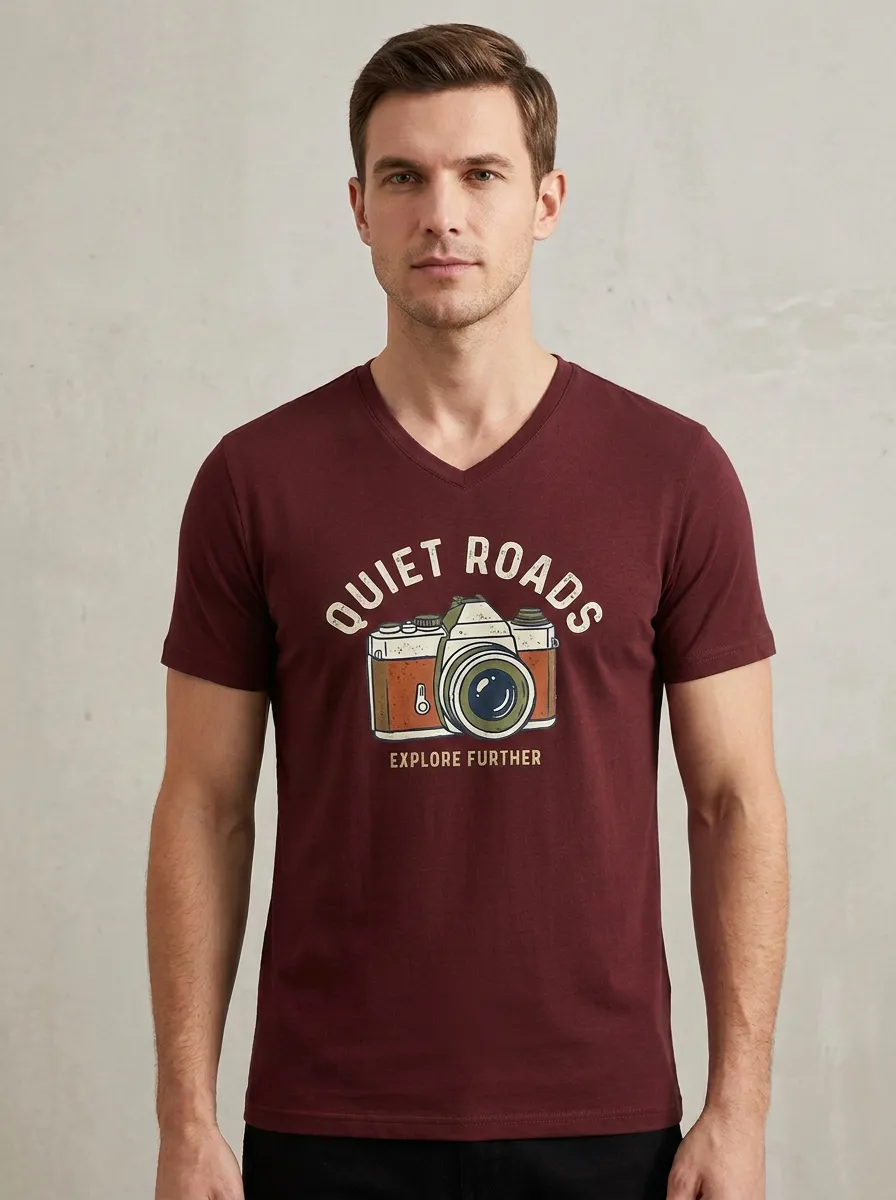 Men's Photography Lover Quiet Roads Camera Printed V-neck T-shirt