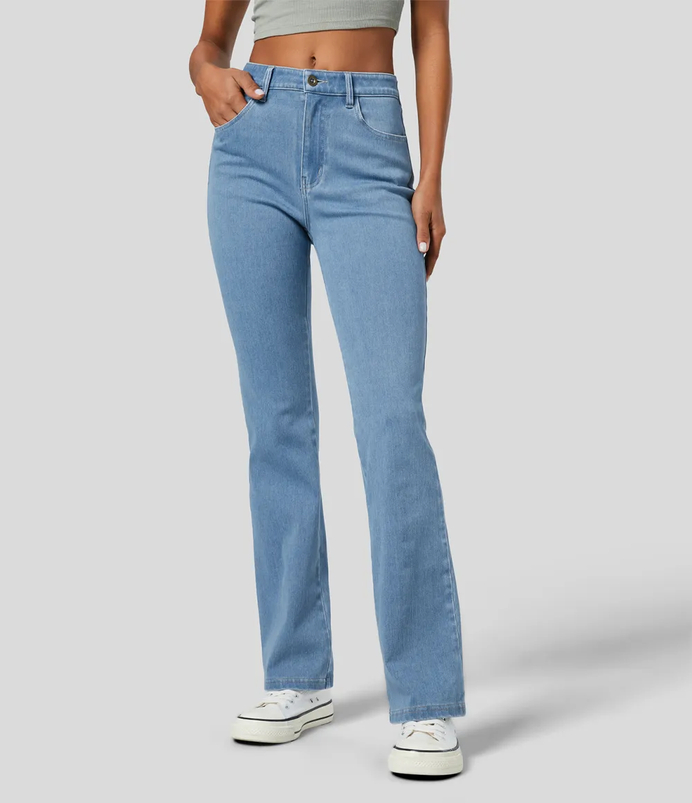 Magic Mid Rise Button Pockets Stretchy Knit Casual Bootcut Jeans