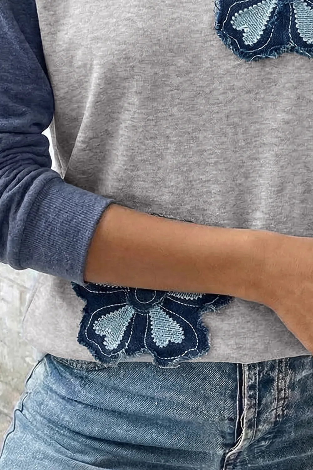Dark Blue Block Flower Embroidered Top