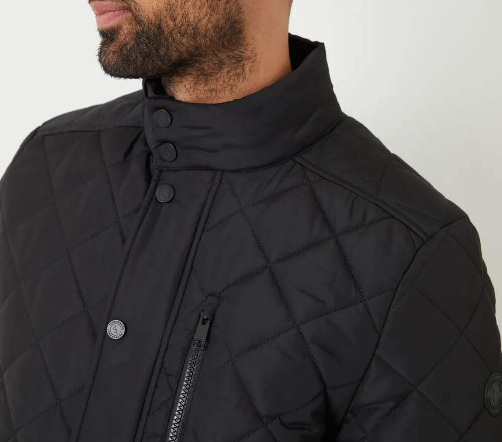 Black Water-Resistant Funnel-Neck Diamond Quilted Jacket