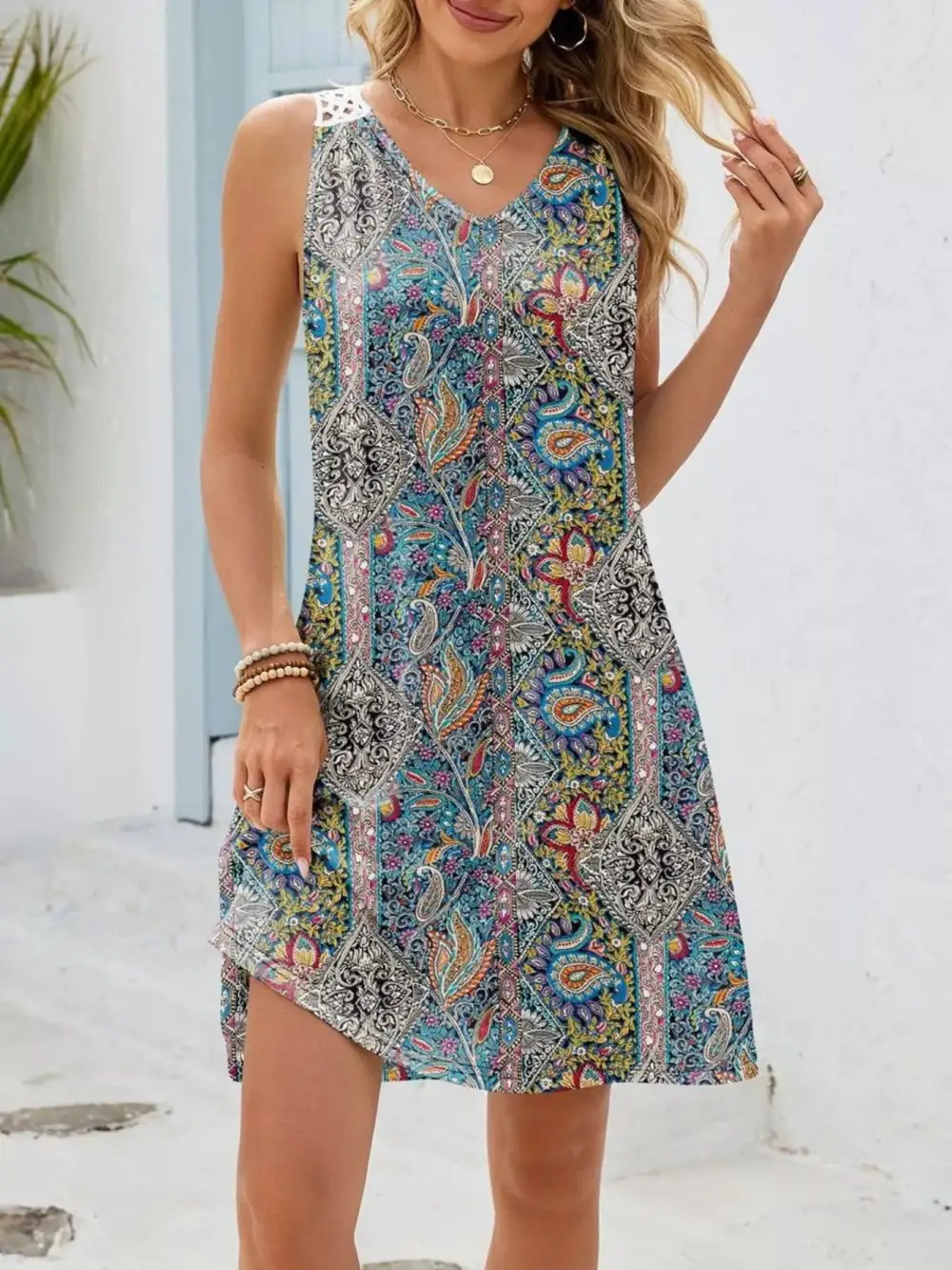 Floral Printed Crochet Mini Dress