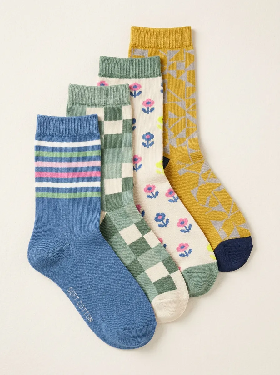Easy-Wear Geometric Floral Style Women's Four Pair Socks