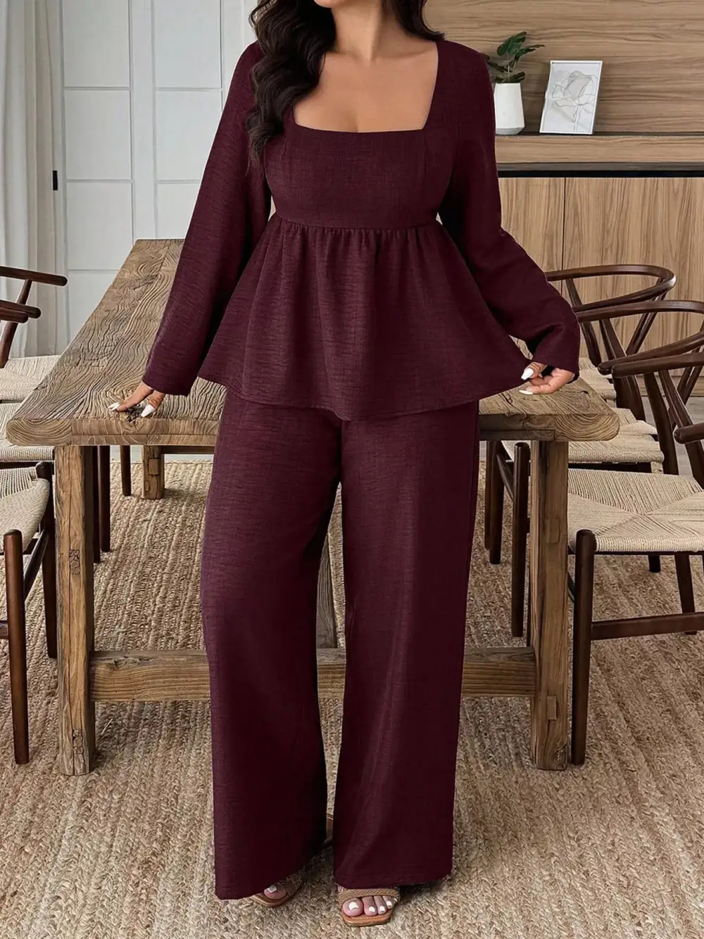 Plus Size Square Neck Long Sleeve Top and Pants