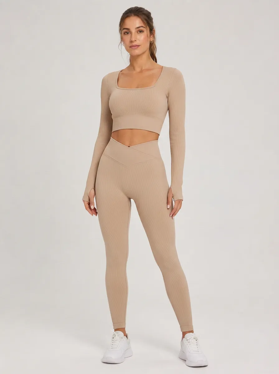 Women's Yoga Fitness Beige Ribbed V-Waist Long Sleeve Leggings Set