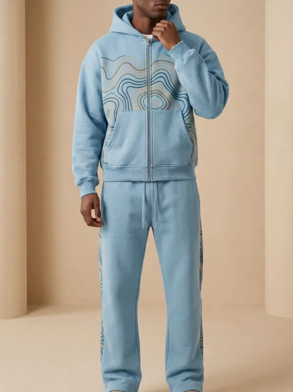 Men's Abstract Wave Pattern Printed Hooded Tracksuit Set