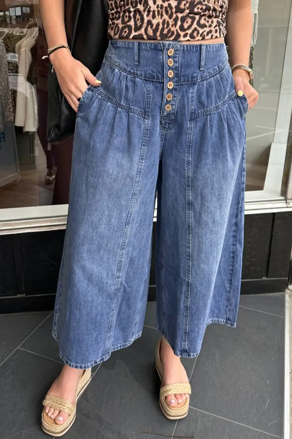 Women's High Rise Buttons Pleated Cropped Wide Leg Denim Pants