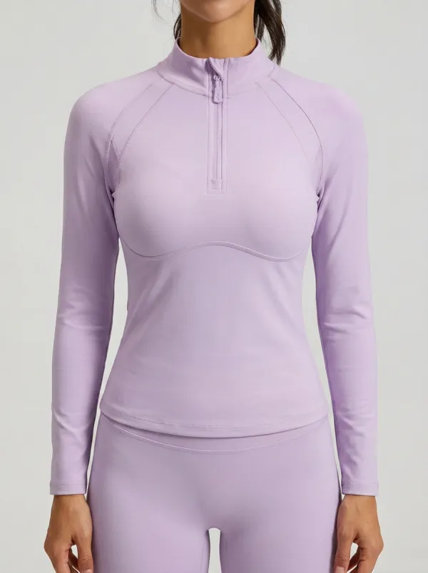 Women's Athletic Fitness White Quarter Zip Long Sleeve Shirt