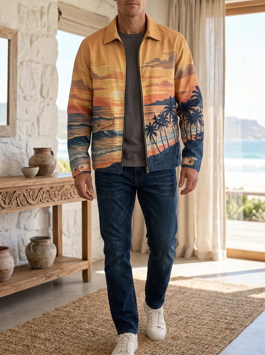 Men's Tropical Beach Sunset Palm Tree Relaxed Edition Jacket