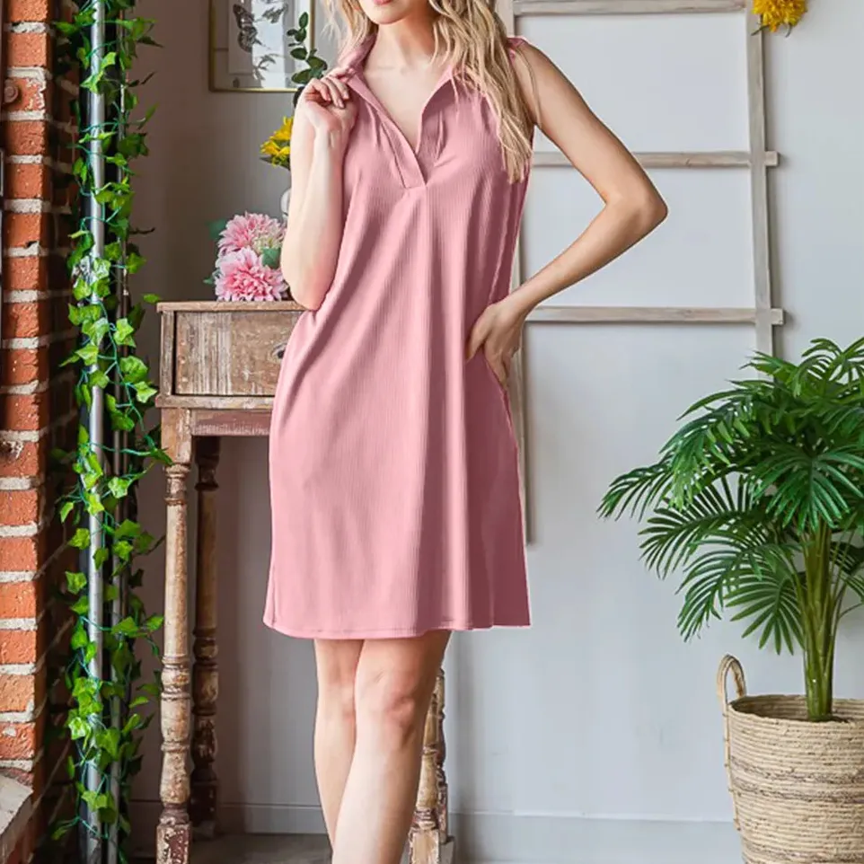 Ribbed Johnny Collar Sleeveless Dress