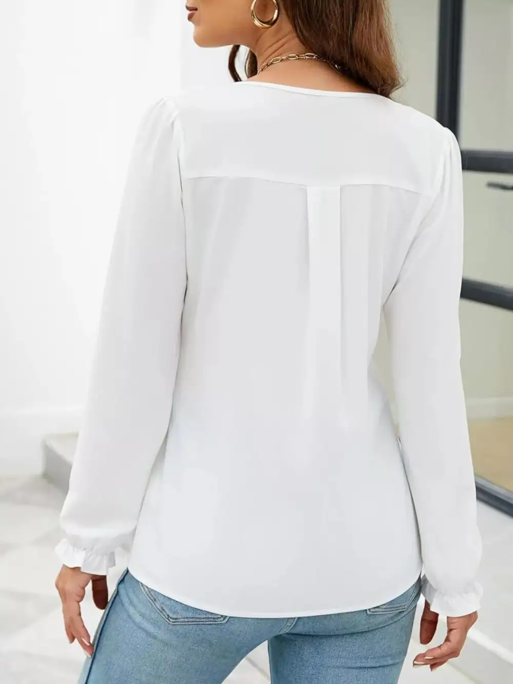 Notched-Neck Ruffle-Cuff Blouse