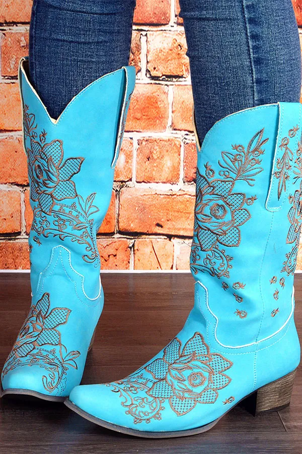 Floral Embroidery Block-Heel Boots