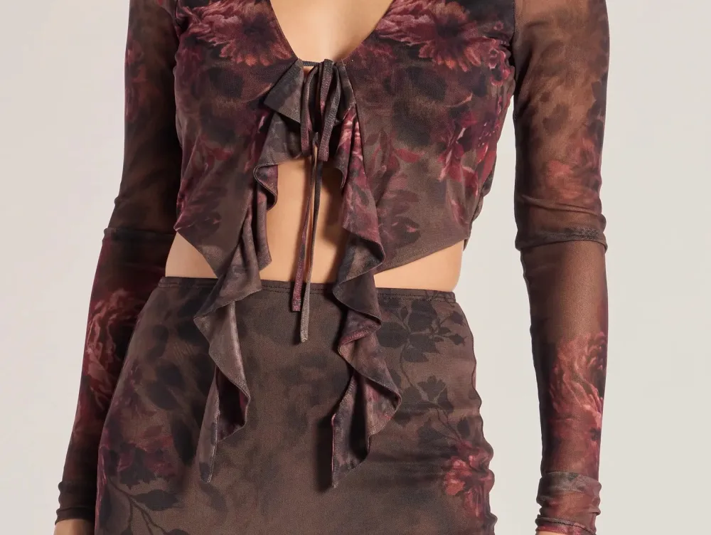 Brown Abstract Print Tie-Front Cropped Top
