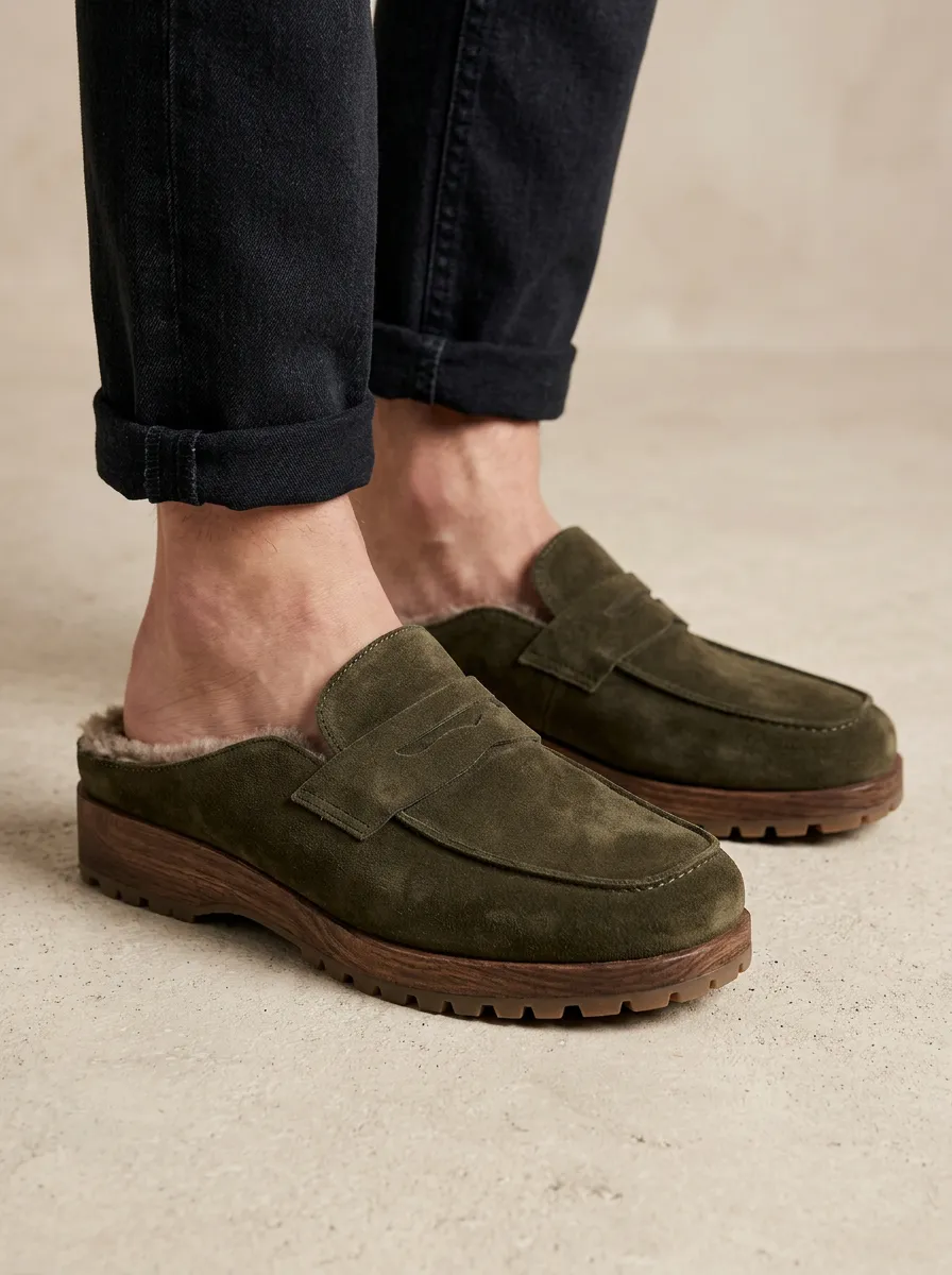 Women's Classic Faux Fur Lined Clog Style Suede Wood Sole Loafers