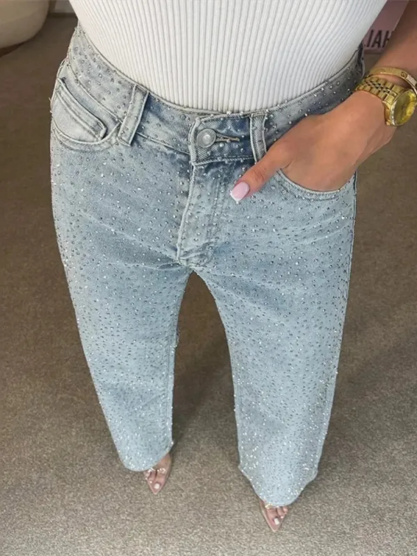 Wide-Leg Denim Pants with Rhinestone