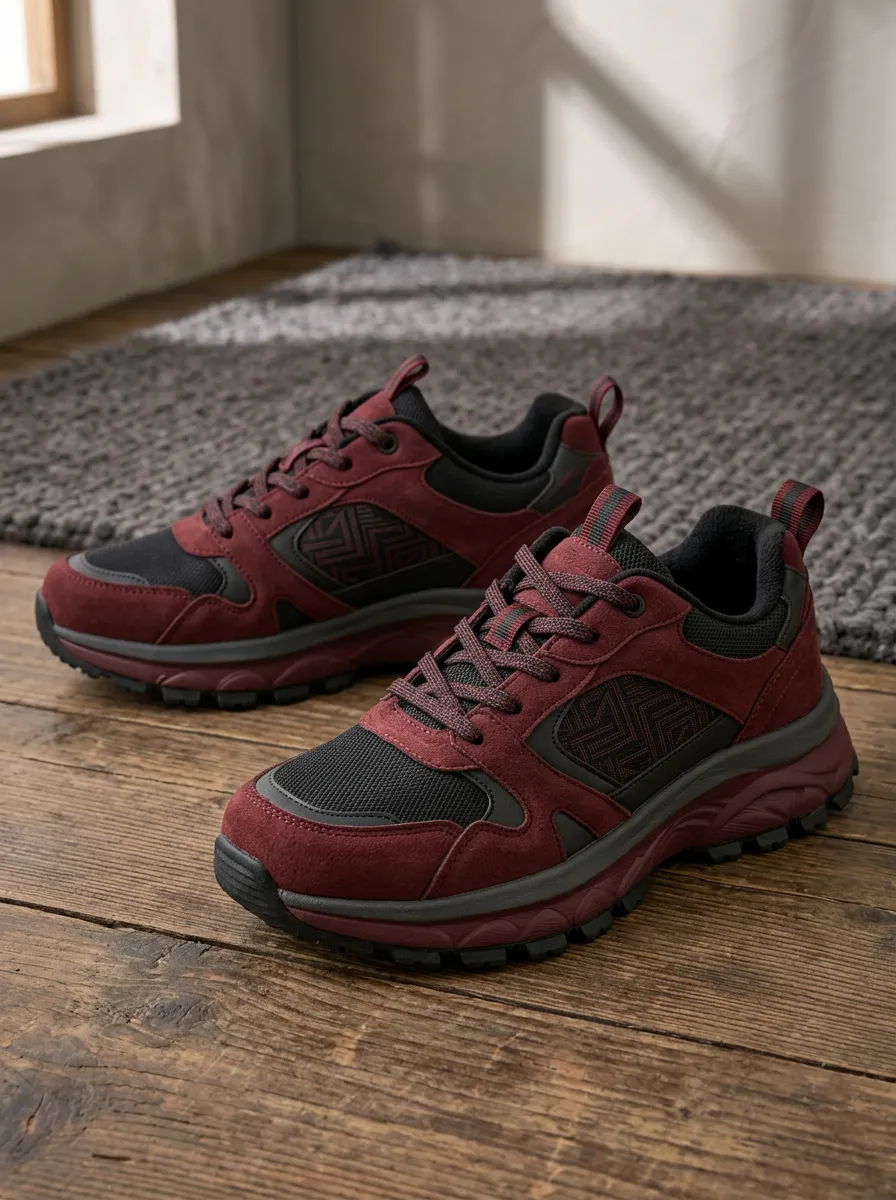 Women's Burgundy Geometric Pattern Suede Printed Sneakers