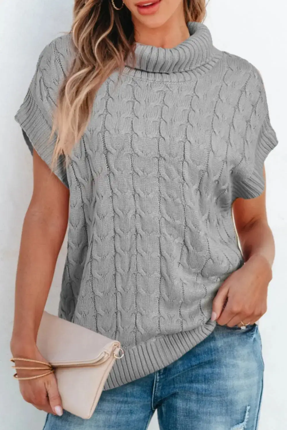 Short Sleeve Turtleneck Cable Knit Sweater