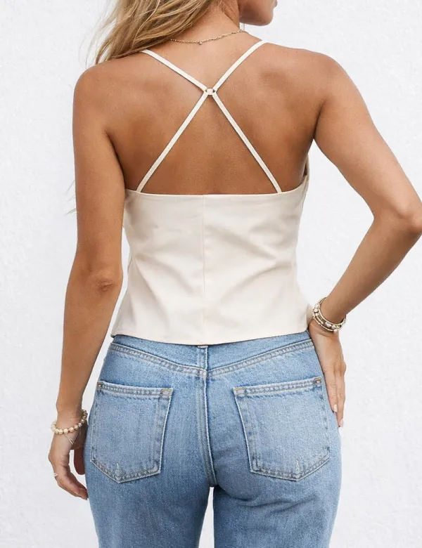 Chic Pleated V Neck Back Crisscross Crop Cami Top