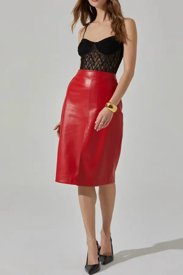Red Faux Leather Straight Midi Skirt