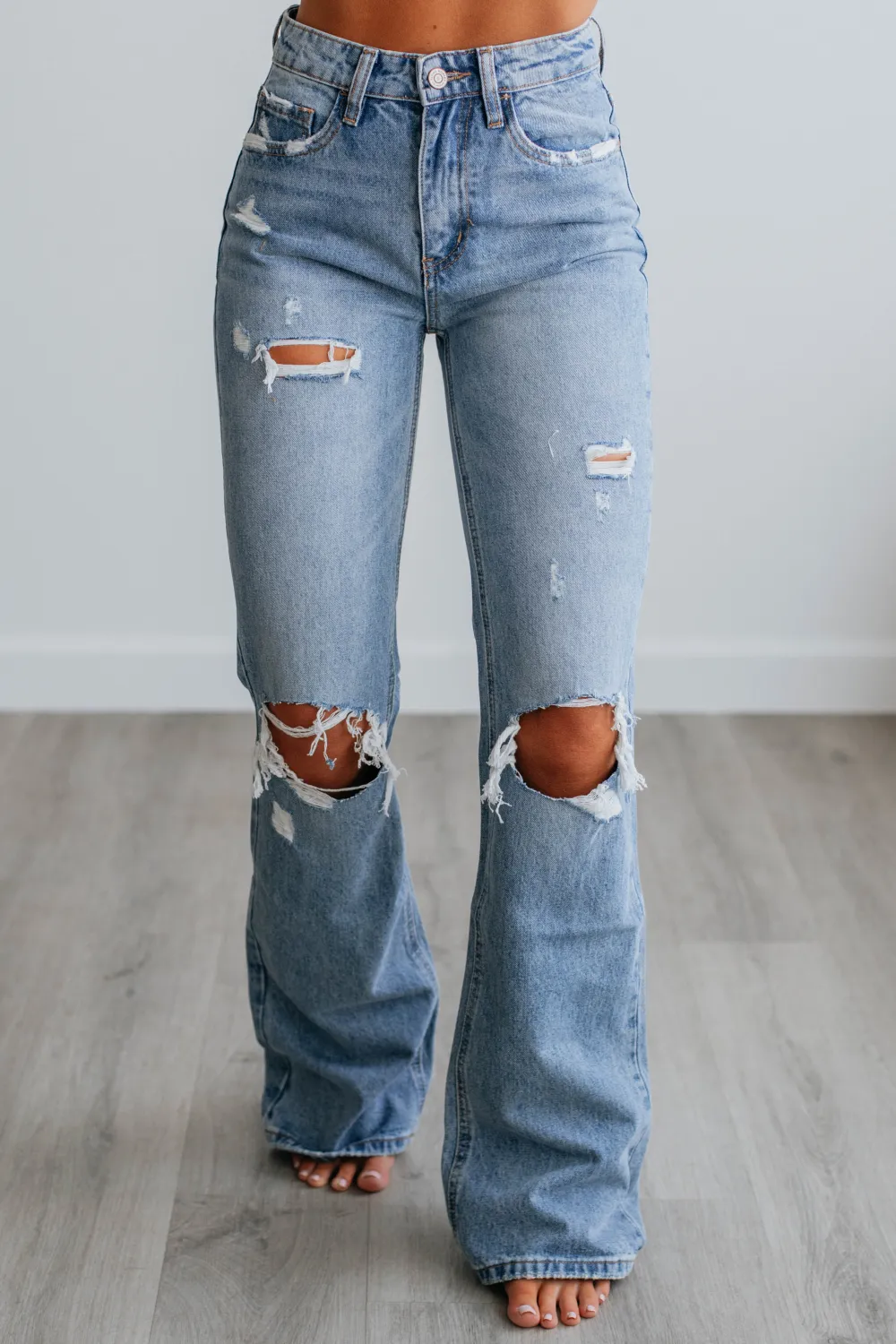 Distressed High Rise Flare Jeans