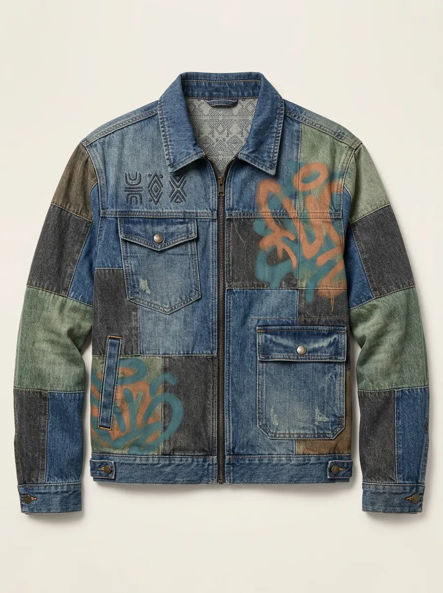 Men's Streetwear Graffiti Patchwork Printed Denim Jacket