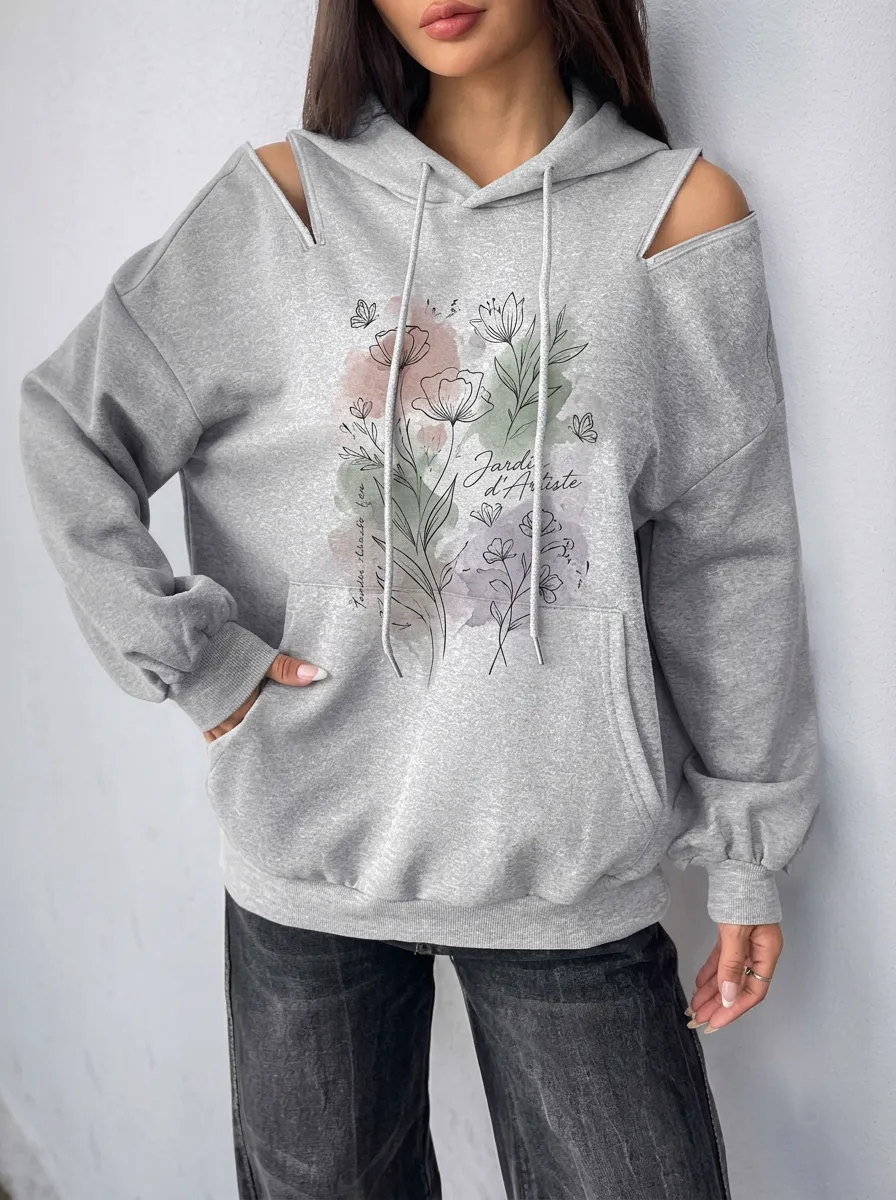Women's Floral Art Watercolor Printed Cold Shoulder Hoodie