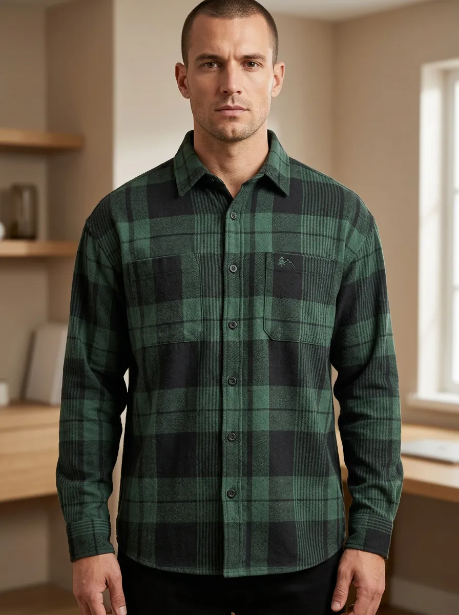 Pine Tree Forest Plaid Single Pocket Shirt