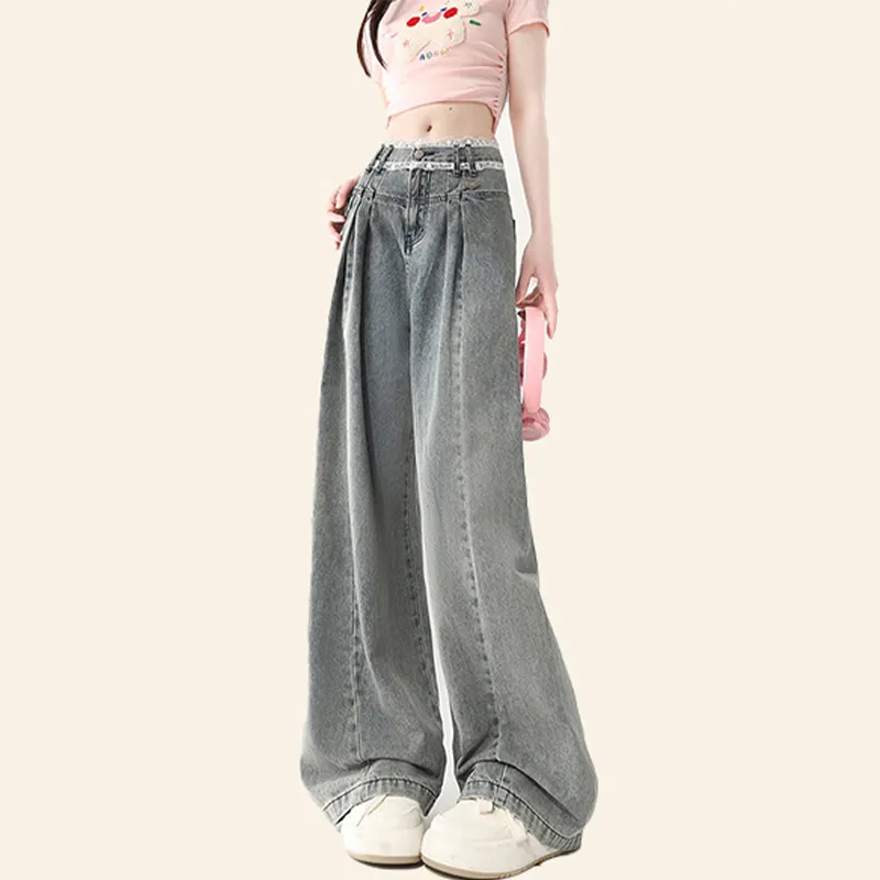 High Waist Wide Leg Lace Trim Jeans
