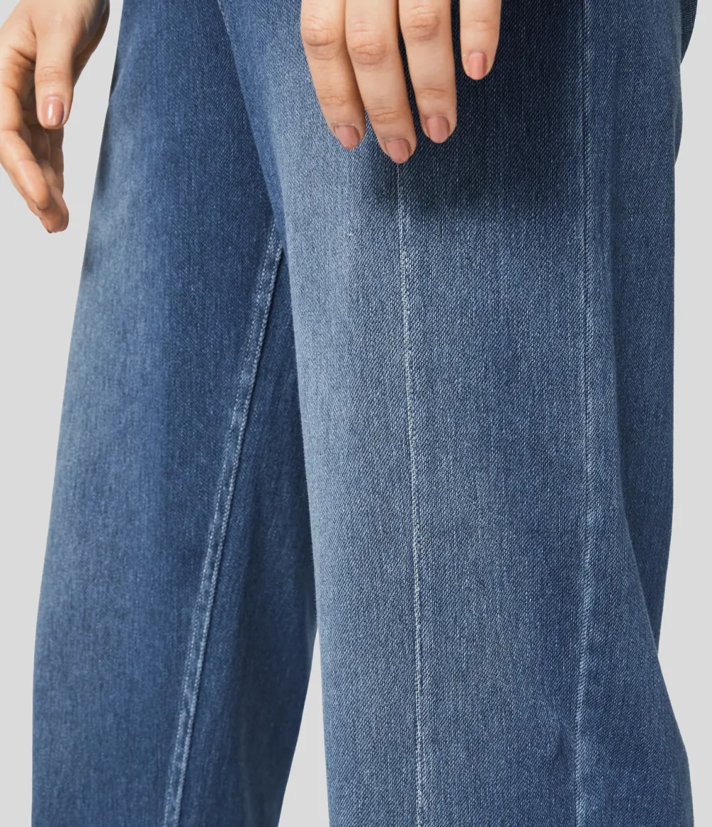 Magic High Waisted Decorative Button Multiple Pockets Straight Leg Stretchy Knit Casual Boyfriend Jeans