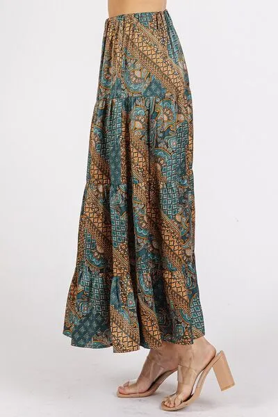 Flowing Paisley Patchwork Print Satin Maxi Skirt