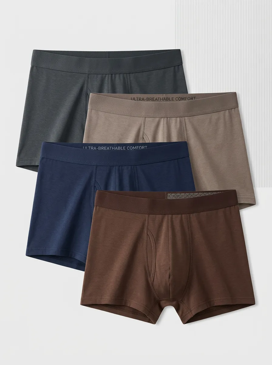 Men's Boxer Briefs Four-Pack with Breathable-Look Cotton Contoured Pouch Solid