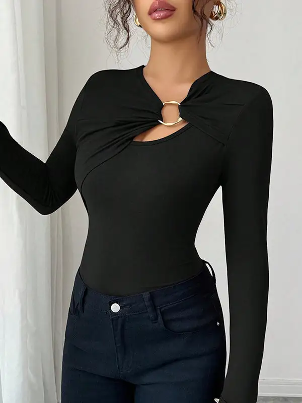Long Sleeve Slim Fit Panel Detail Asymmetric Collar T-Shirt