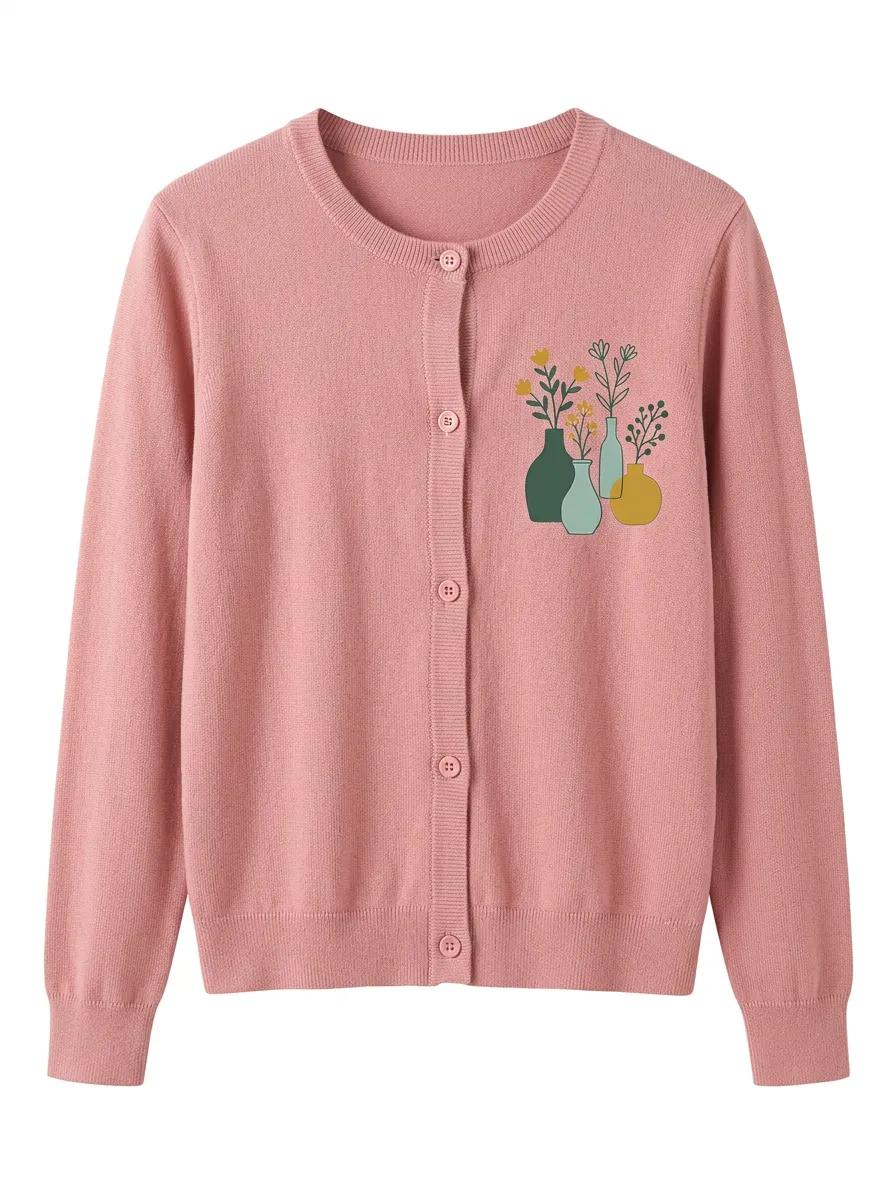 Women's Crewneck Graphic Floral Cardigan