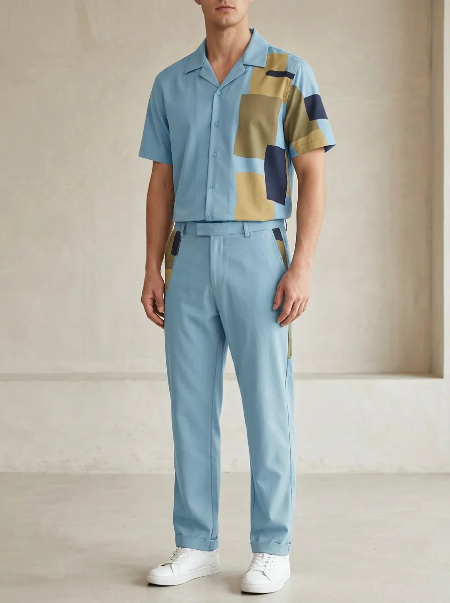 Men's Geometric Patchwork Printed Casual Set