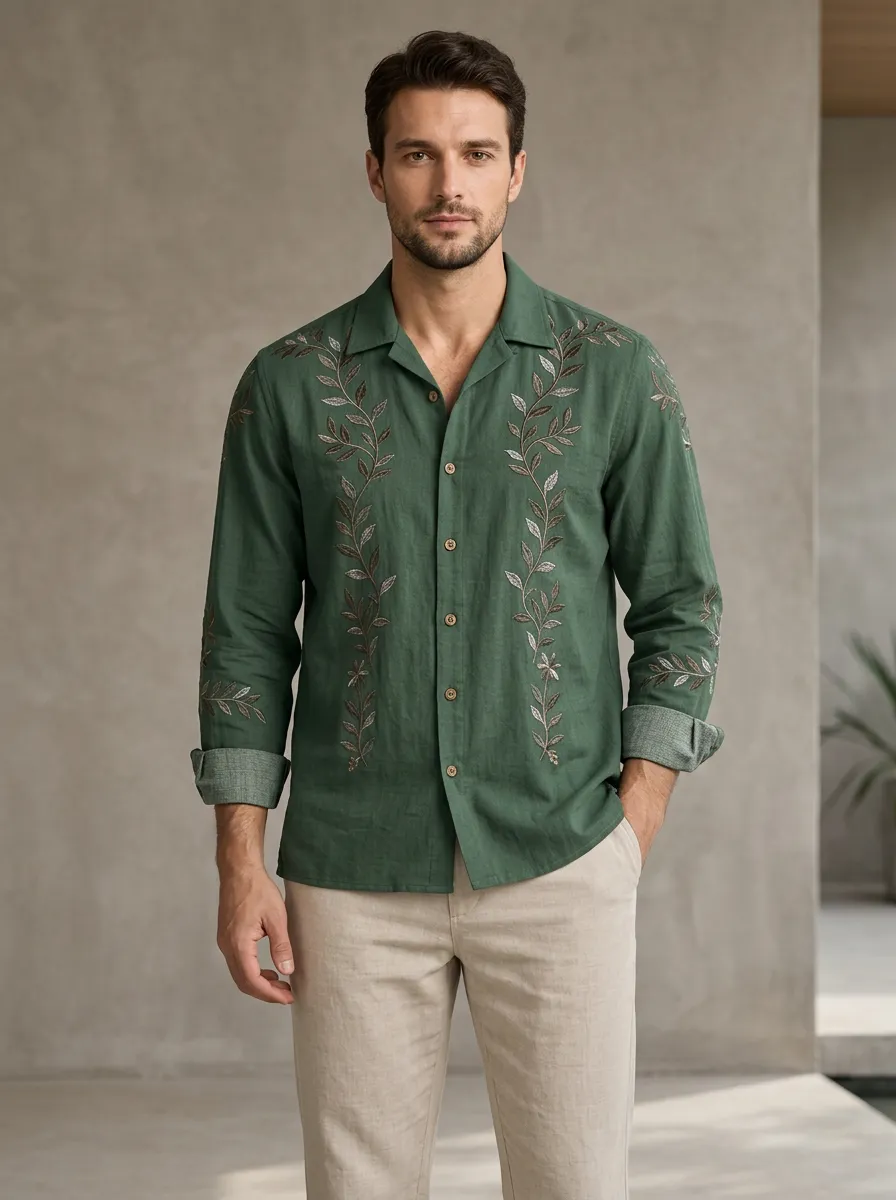 Men's Vintage Inspired Leaf Embroidered Shirt