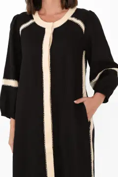 Color-Block Linen Pocket Round-Neck Three-Quarter-Sleeve A-Line Below-Knee Dress